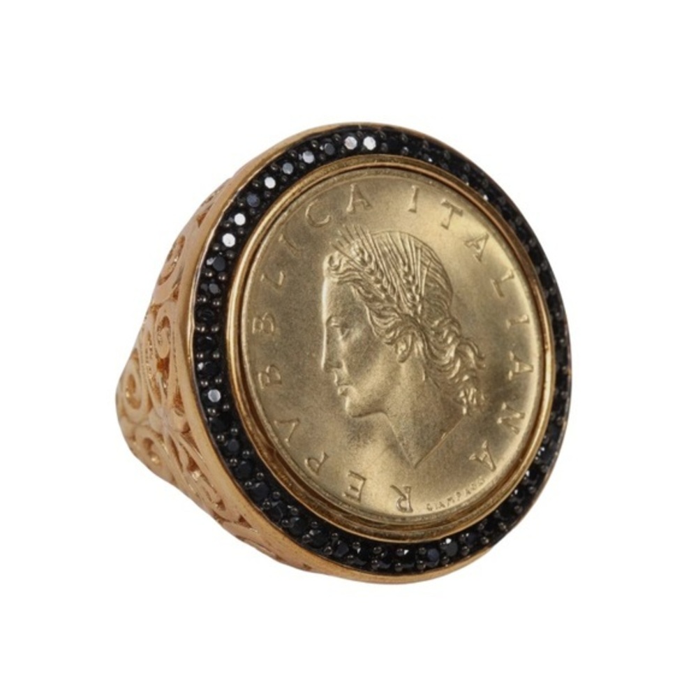 Vintage Italian Bronze 20 Lire Coin 1990 Bellezza Ring W/ Black Spinel Gemstones